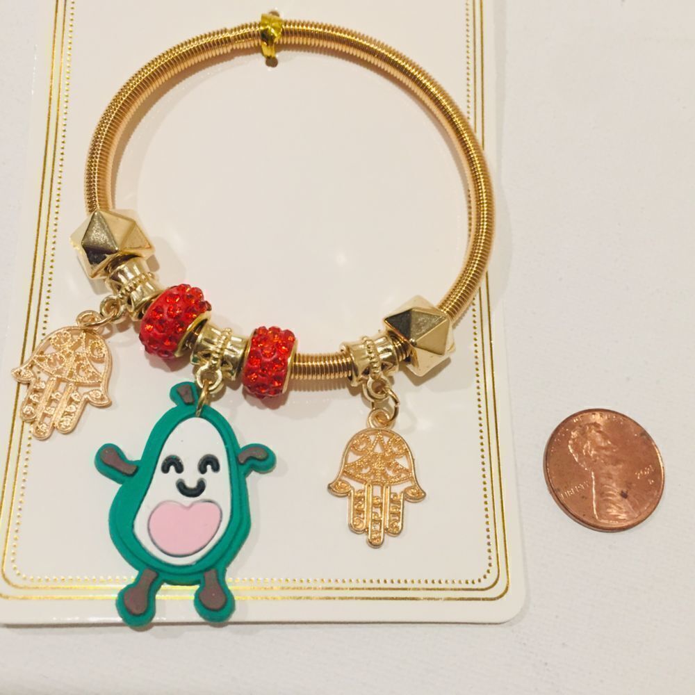 “Millie” Studded Gold Tone Hamsa Avocado Charm Bracelet Spring Coil New